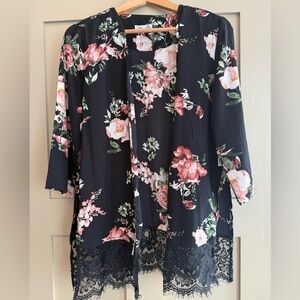 Dex 3/4 Sleeve Black Floral Kimono with Lace Trim